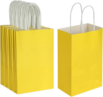 50 Pack 5.25x3.25x8.25 Inch Small Yellow Kraft Paper Bags with Handles Bulk for Birthday Wedding Party Favors Grocery Retail Shopping Business Goody Craft Gift Bags Cub Sacks, 50 Count