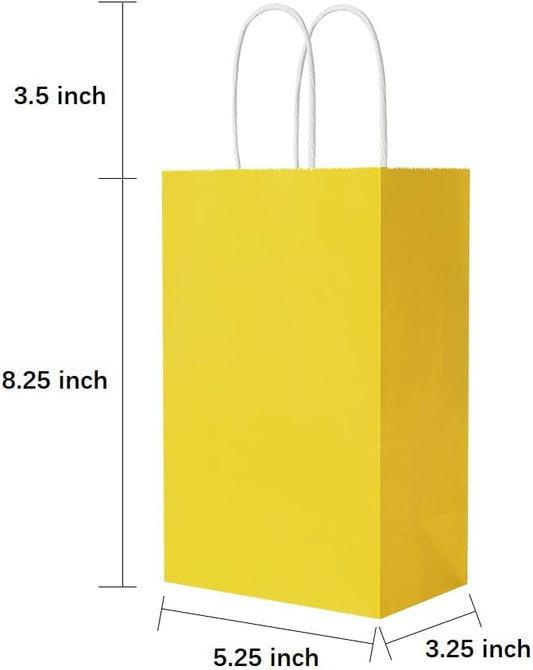 50 Pack 5.25x3.25x8.25 Inch Small Yellow Kraft Paper Bags with Handles Bulk for Birthday Wedding Party Favors Grocery Retail Shopping Business Goody Craft Gift Bags Cub Sacks, 50 Count