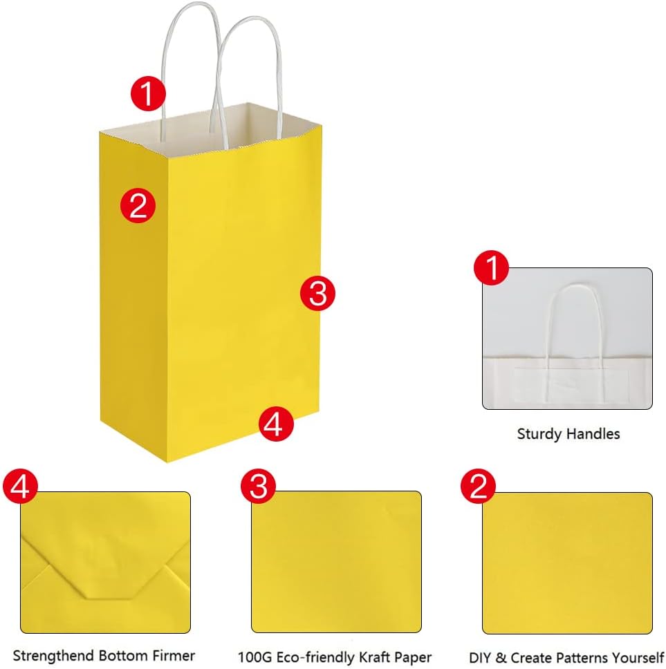 50 Pack 5.25x3.25x8.25 Inch Small Yellow Kraft Paper Bags with Handles Bulk for Birthday Wedding Party Favors Grocery Retail Shopping Business Goody Craft Gift Bags Cub Sacks, 50 Count