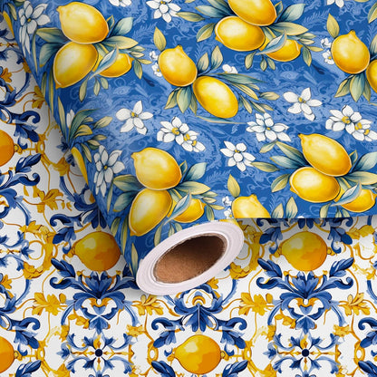 Lemon Wrapping Paper Roll Moroccan Gift Wrap Sheets Paper - Blue Yellow Spring Designs for Women Girls Wedding Thanksgiving Birthday - Total 28.5sq.ft