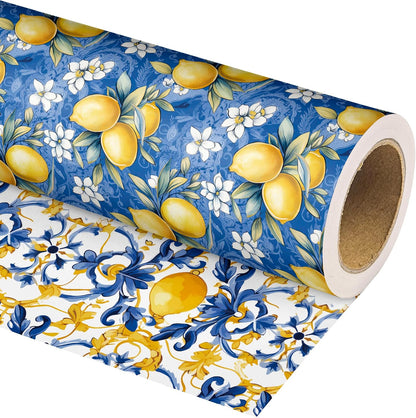 Lemon Wrapping Paper Roll Moroccan Gift Wrap Sheets Paper - Blue Yellow Spring Designs for Women Girls Wedding Thanksgiving Birthday - Total 28.5sq.ft