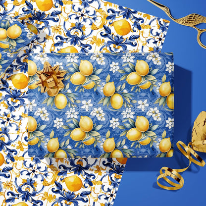 Lemon Wrapping Paper Roll Moroccan Gift Wrap Sheets Paper - Blue Yellow Spring Designs for Women Girls Wedding Thanksgiving Birthday - Total 28.5sq.ft