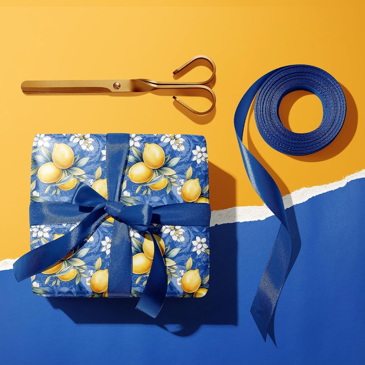 Lemon Wrapping Paper Roll Moroccan Gift Wrap Sheets Paper - Blue Yellow Spring Designs for Women Girls Wedding Thanksgiving Birthday - Total 28.5sq.ft