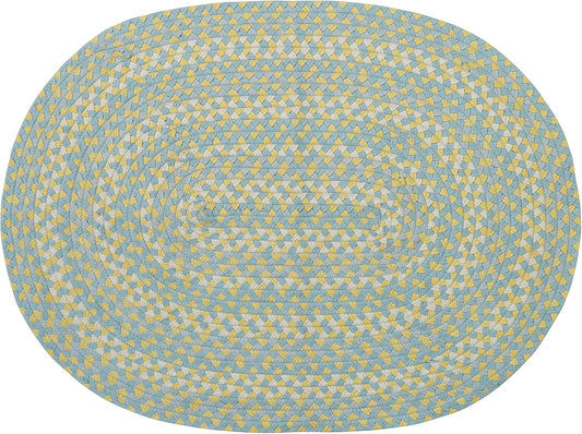 Cozy Cottage Braided Oval Rug 32" x 42" | 100% Cotton | Woven Round Design | Yellow, Blue & Cream | Spring Easter Floor Decor Accent