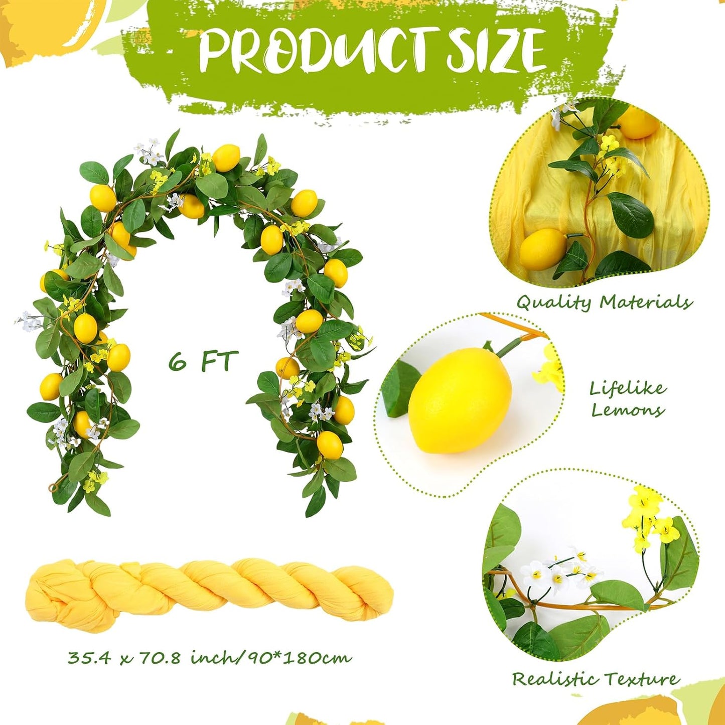 2 Pcs Amalfi Coast Party Decorations Mediterranean Table Decor, 6 ft Lemon Garland 35x 71 in Yellow Cheesecloth Table Runner Capri Lemon Garland Italian Runner Summer Party Home Decor