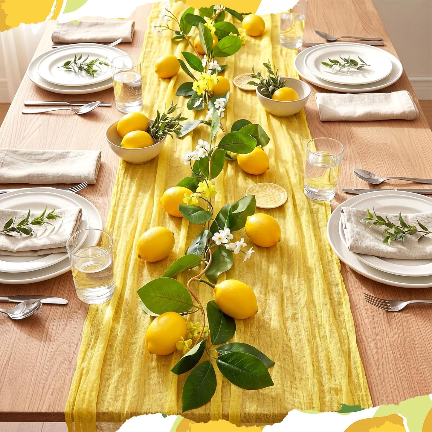 2 Pcs Amalfi Coast Party Decorations Mediterranean Table Decor, 6 ft Lemon Garland 35x 71 in Yellow Cheesecloth Table Runner Capri Lemon Garland Italian Runner Summer Party Home Decor