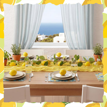 2 Pcs Amalfi Coast Party Decorations Mediterranean Table Decor, 6 ft Lemon Garland 35x 71 in Yellow Cheesecloth Table Runner Capri Lemon Garland Italian Runner Summer Party Home Decor