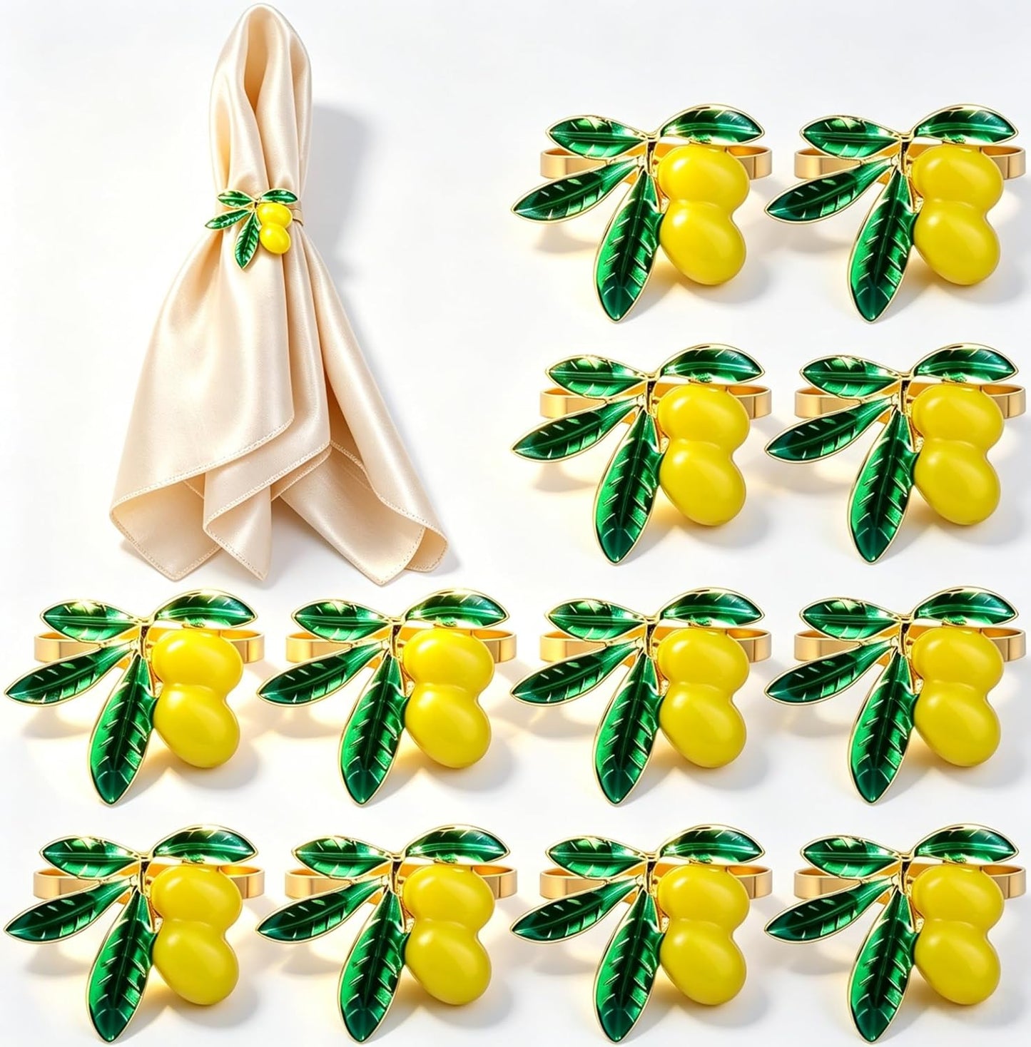 Lemon Napkin Rings Set of 12 | Metal Spring Napkin Holders | Flower Napkins Buckle Ring for Mother's Day Birthday Wedding Dinners Parties Table Decoration and Daily Use(Yellow Lemon)