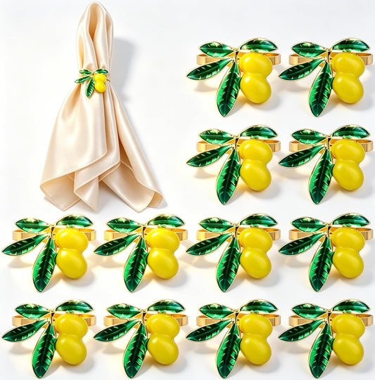 Lemon Napkin Rings Set of 12 | Metal Spring Napkin Holders | Flower Napkins Buckle Ring for Mother's Day Birthday Wedding Dinners Parties Table Decoration and Daily Use(Yellow Lemon)