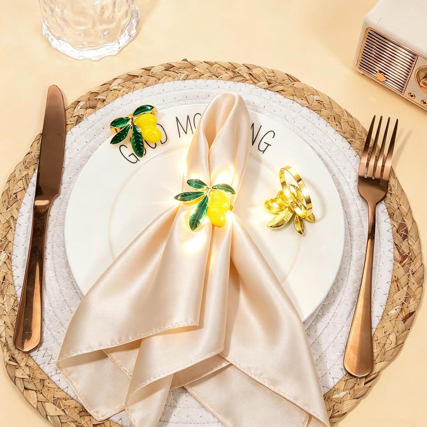 Lemon Napkin Rings Set of 12 | Metal Spring Napkin Holders | Flower Napkins Buckle Ring for Mother's Day Birthday Wedding Dinners Parties Table Decoration and Daily Use(Yellow Lemon)