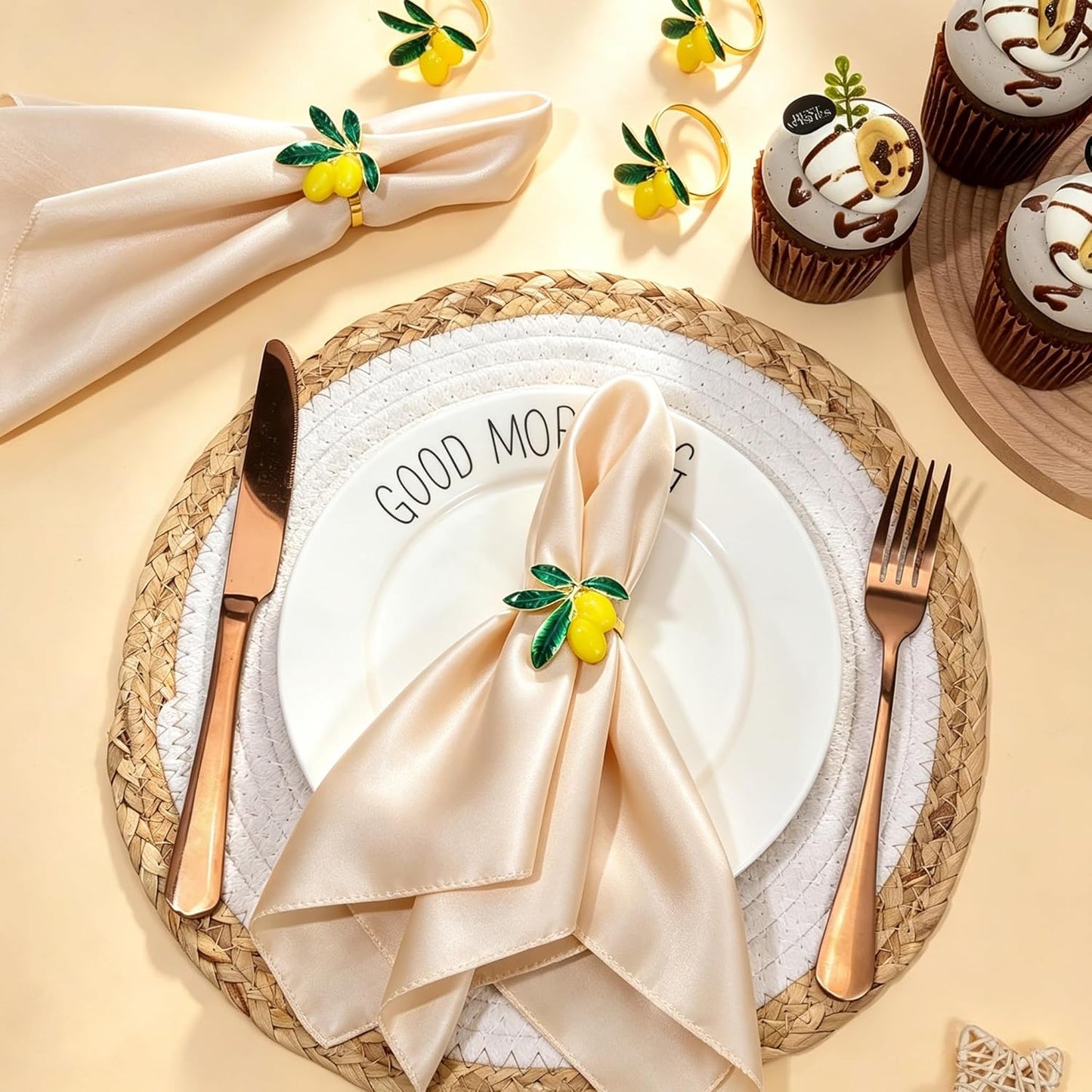 Lemon Napkin Rings Set of 12 | Metal Spring Napkin Holders | Flower Napkins Buckle Ring for Mother's Day Birthday Wedding Dinners Parties Table Decoration and Daily Use(Yellow Lemon)