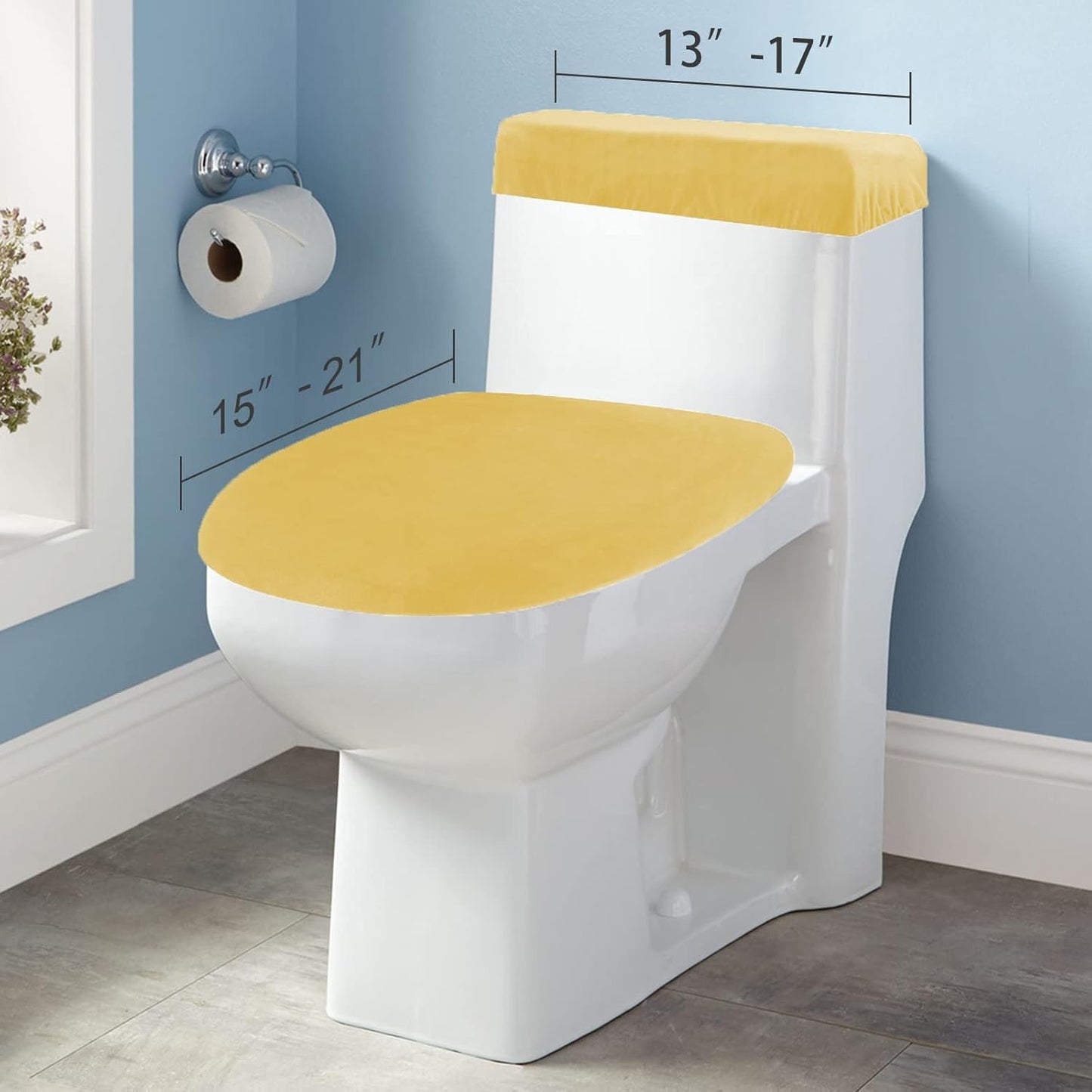 Stretch Velvet Toilet Lid Cover and Toilet Tank Lid Cover, Bathroom Super Soft Toilet Lid Cover Set Luxury Velvet Plush, with Elastic Bottom, Machine Wash, Yellow