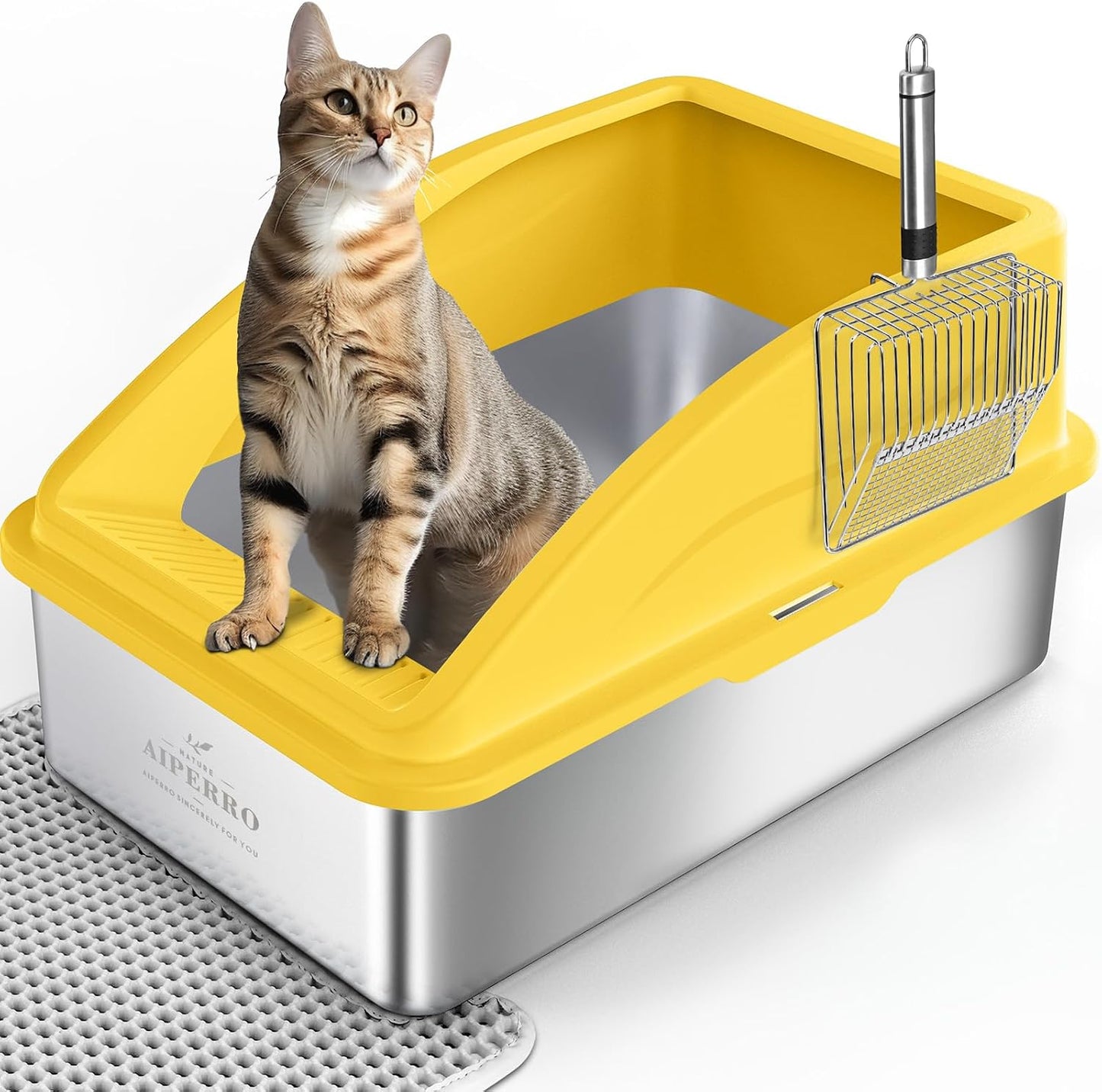 Stainless Steel Litter Box | XL Enclosed Cat Litter Boxes with Lid for Big Cats | High Sided, Anti-Urine Leakage | Non-Stick Bottom & Includes Litter Mat & Metal Scoop (Mustard Yellow)