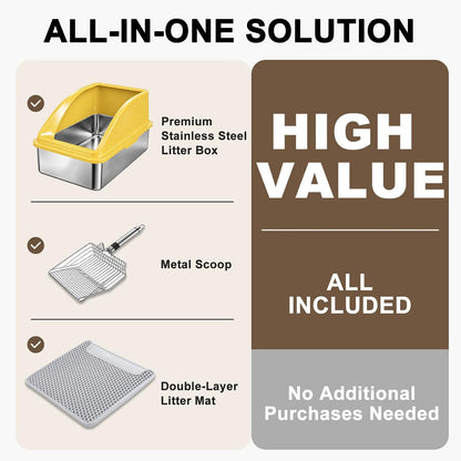 Stainless Steel Litter Box | XL Enclosed Cat Litter Boxes with Lid for Big Cats | High Sided, Anti-Urine Leakage | Non-Stick Bottom & Includes Litter Mat & Metal Scoop (Mustard Yellow)