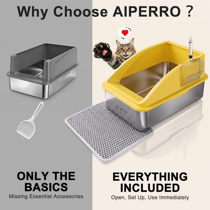 Stainless Steel Litter Box | XL Enclosed Cat Litter Boxes with Lid for Big Cats | High Sided, Anti-Urine Leakage | Non-Stick Bottom & Includes Litter Mat & Metal Scoop (Mustard Yellow)