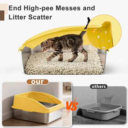 Stainless Steel Litter Box | XL Enclosed Cat Litter Boxes with Lid for Big Cats | High Sided, Anti-Urine Leakage | Non-Stick Bottom & Includes Litter Mat & Metal Scoop (Mustard Yellow)