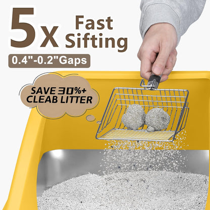 Stainless Steel Litter Box | XL Enclosed Cat Litter Boxes with Lid for Big Cats | High Sided, Anti-Urine Leakage | Non-Stick Bottom & Includes Litter Mat & Metal Scoop (Mustard Yellow)