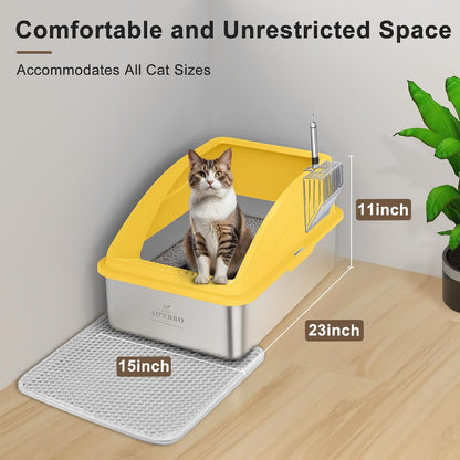 Stainless Steel Litter Box | XL Enclosed Cat Litter Boxes with Lid for Big Cats | High Sided, Anti-Urine Leakage | Non-Stick Bottom & Includes Litter Mat & Metal Scoop (Mustard Yellow)