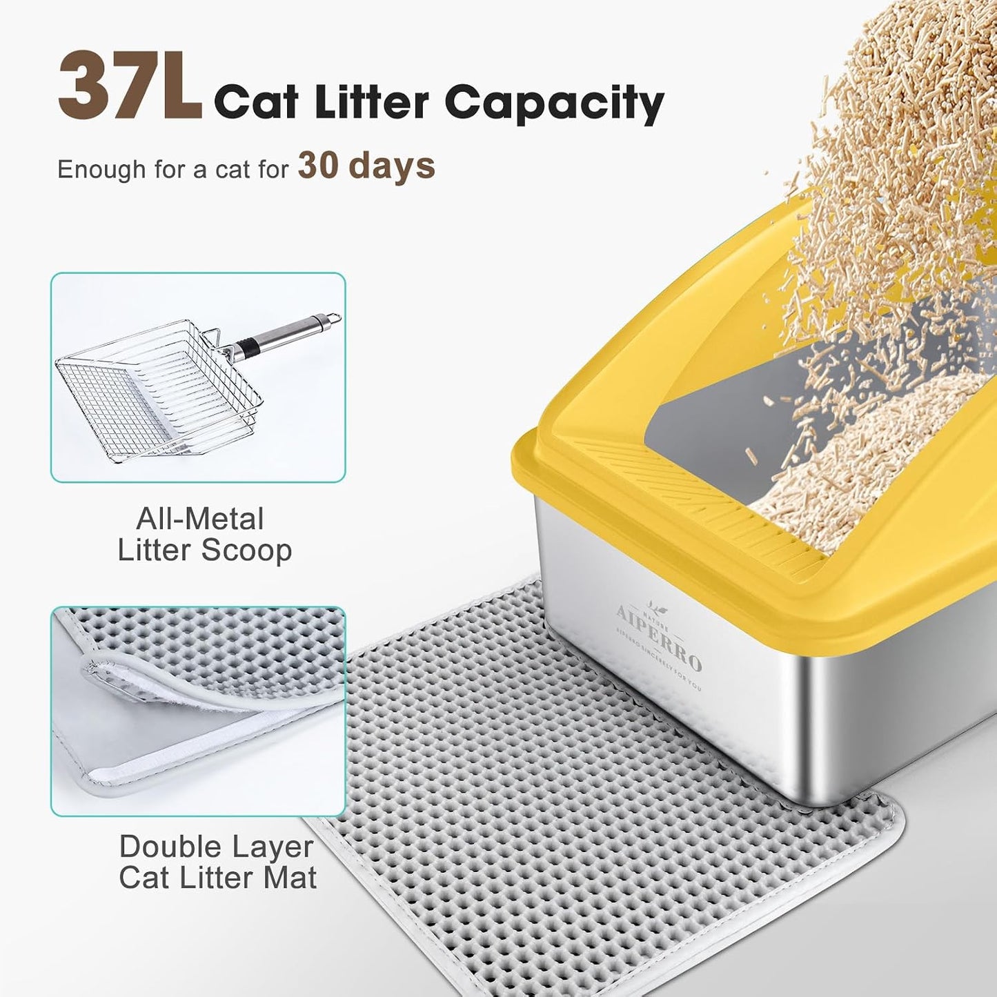 Stainless Steel Litter Box | XL Enclosed Cat Litter Boxes with Lid for Big Cats | High Sided, Anti-Urine Leakage | Non-Stick Bottom & Includes Litter Mat & Metal Scoop (Mustard Yellow)