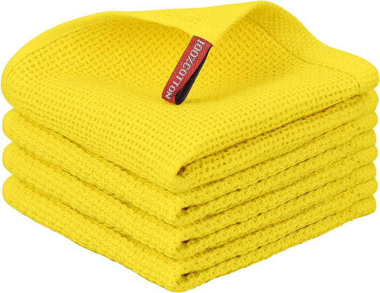4 Pack Yellow Kitchen Dish Towels, 100% Cotton Waffle Weave Kitchen Dish Cloths for Washing Dishes, Soft Absorbent Dish Rags, Quick Drying Cleaning Rags - 12x12 in
