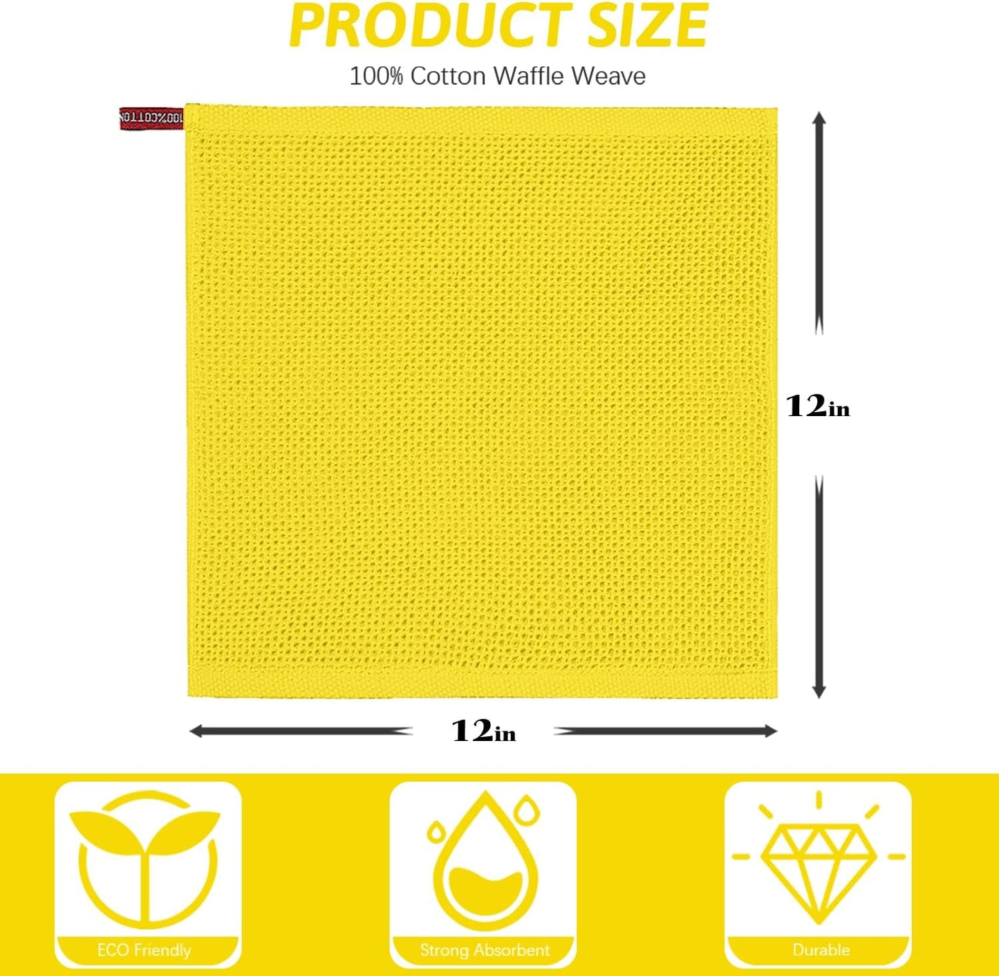 4 Pack Yellow Kitchen Dish Towels, 100% Cotton Waffle Weave Kitchen Dish Cloths for Washing Dishes, Soft Absorbent Dish Rags, Quick Drying Cleaning Rags - 12x12 in