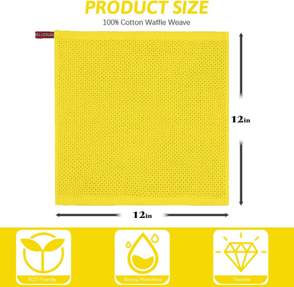 4 Pack Yellow Kitchen Dish Towels, 100% Cotton Waffle Weave Kitchen Dish Cloths for Washing Dishes, Soft Absorbent Dish Rags, Quick Drying Cleaning Rags - 12x12 in