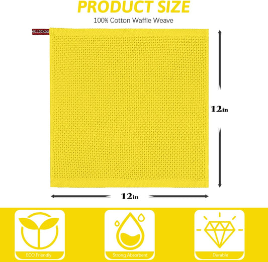 4 Pack Yellow Kitchen Dish Towels, 100% Cotton Waffle Weave Kitchen Dish Cloths for Washing Dishes, Soft Absorbent Dish Rags, Quick Drying Cleaning Rags - 12x12 in