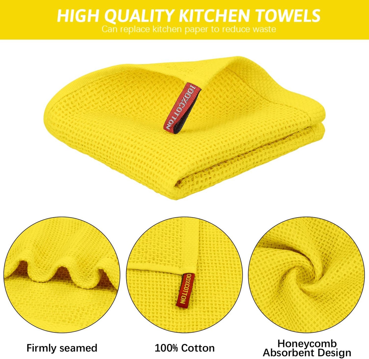 4 Pack Yellow Kitchen Dish Towels, 100% Cotton Waffle Weave Kitchen Dish Cloths for Washing Dishes, Soft Absorbent Dish Rags, Quick Drying Cleaning Rags - 12x12 in