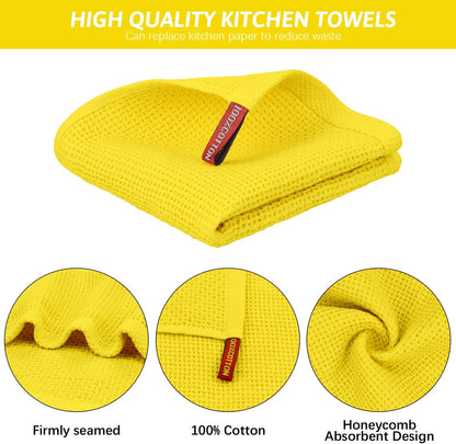 4 Pack Yellow Kitchen Dish Towels, 100% Cotton Waffle Weave Kitchen Dish Cloths for Washing Dishes, Soft Absorbent Dish Rags, Quick Drying Cleaning Rags - 12x12 in