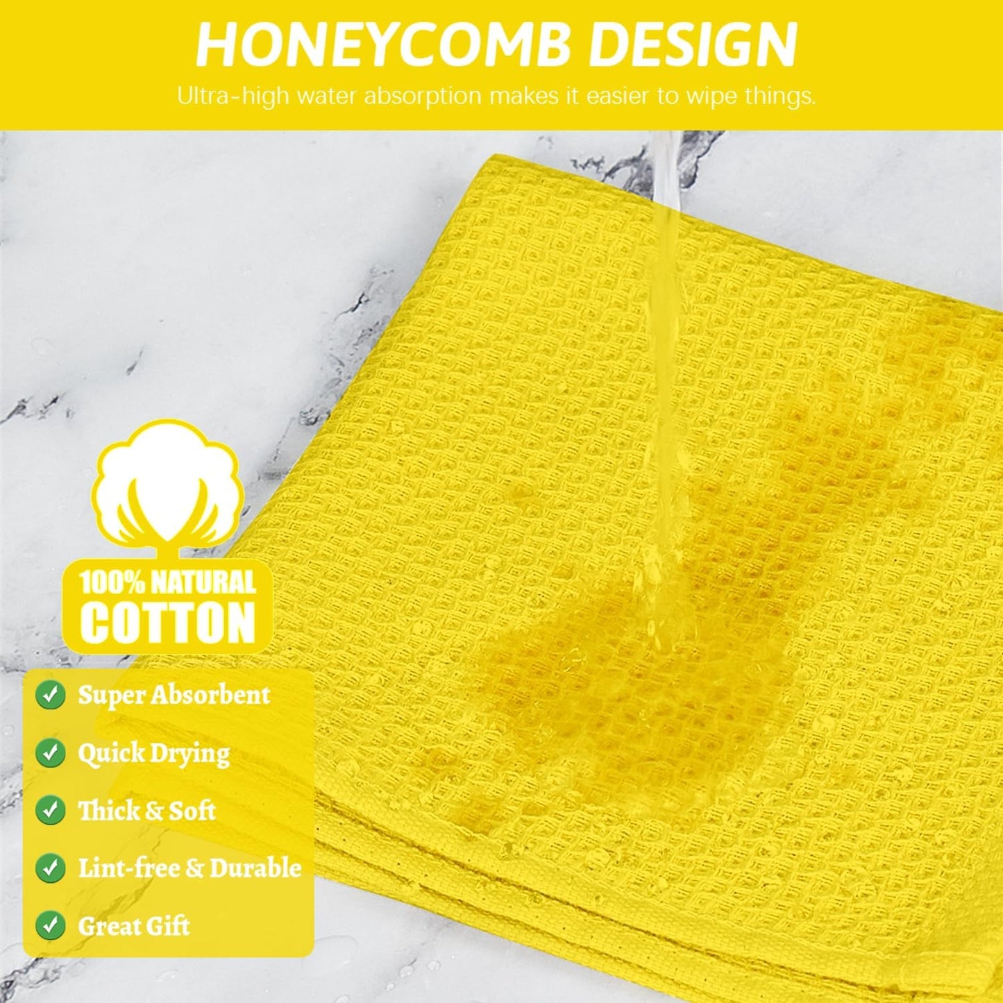 4 Pack Yellow Kitchen Dish Towels, 100% Cotton Waffle Weave Kitchen Dish Cloths for Washing Dishes, Soft Absorbent Dish Rags, Quick Drying Cleaning Rags - 12x12 in