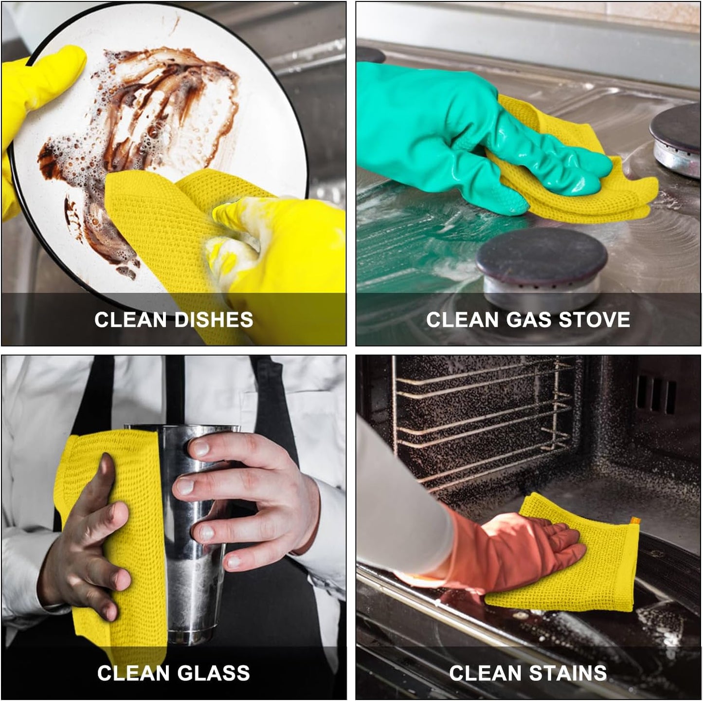 4 Pack Yellow Kitchen Dish Towels, 100% Cotton Waffle Weave Kitchen Dish Cloths for Washing Dishes, Soft Absorbent Dish Rags, Quick Drying Cleaning Rags - 12x12 in