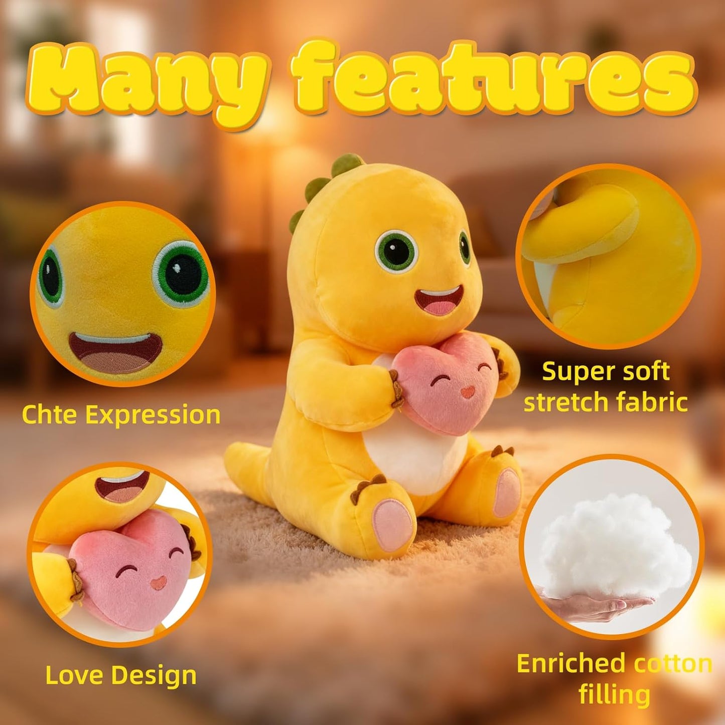 35cm Dinosaur Plush Pillow with Love Heart, Cute Dinosaur Stuffed Animal, Soft Yellow Dino Plush Doll, Kawaii Plush Pillow for Home Decoration