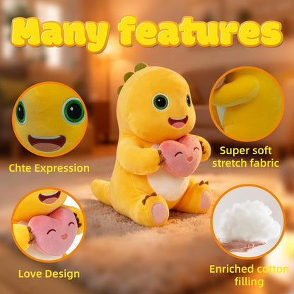 35cm Dinosaur Plush Pillow with Love Heart, Cute Dinosaur Stuffed Animal, Soft Yellow Dino Plush Doll, Kawaii Plush Pillow for Home Decoration