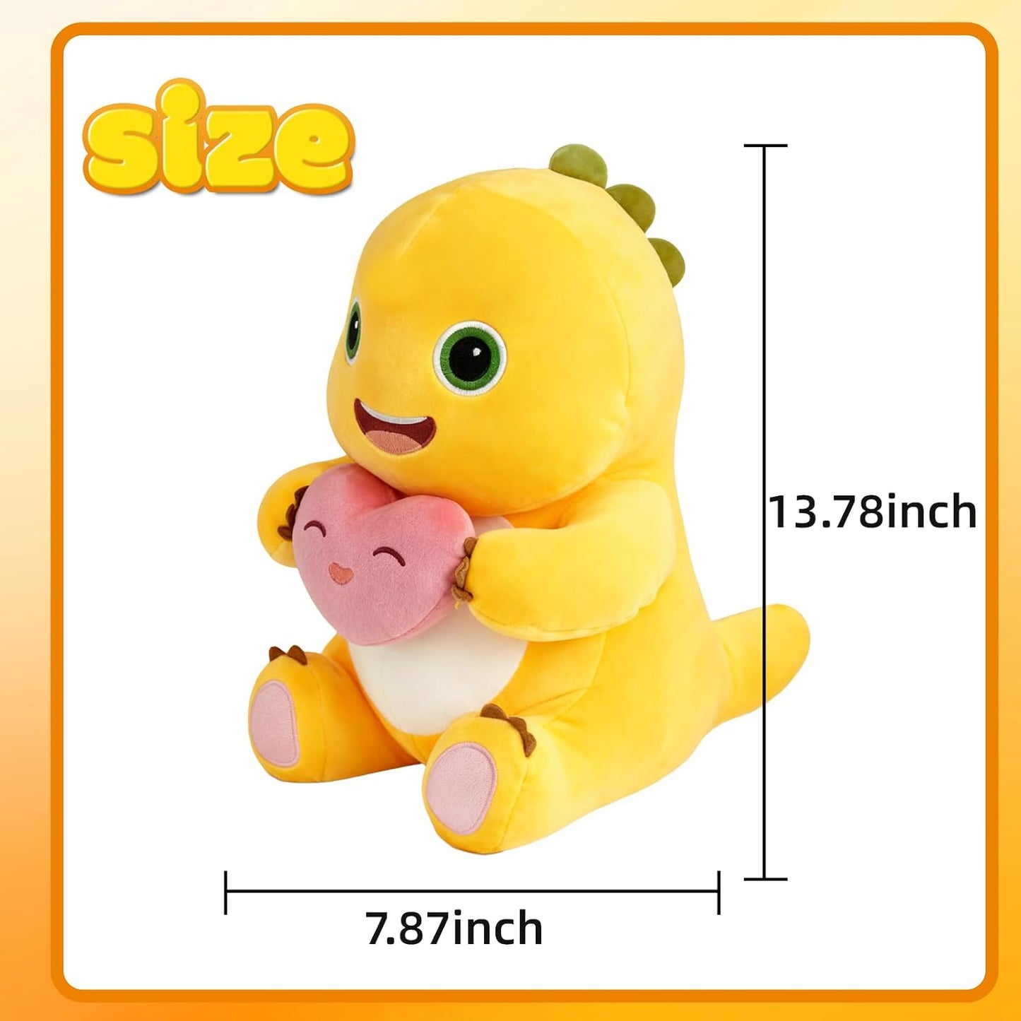 35cm Dinosaur Plush Pillow with Love Heart, Cute Dinosaur Stuffed Animal, Soft Yellow Dino Plush Doll, Kawaii Plush Pillow for Home Decoration