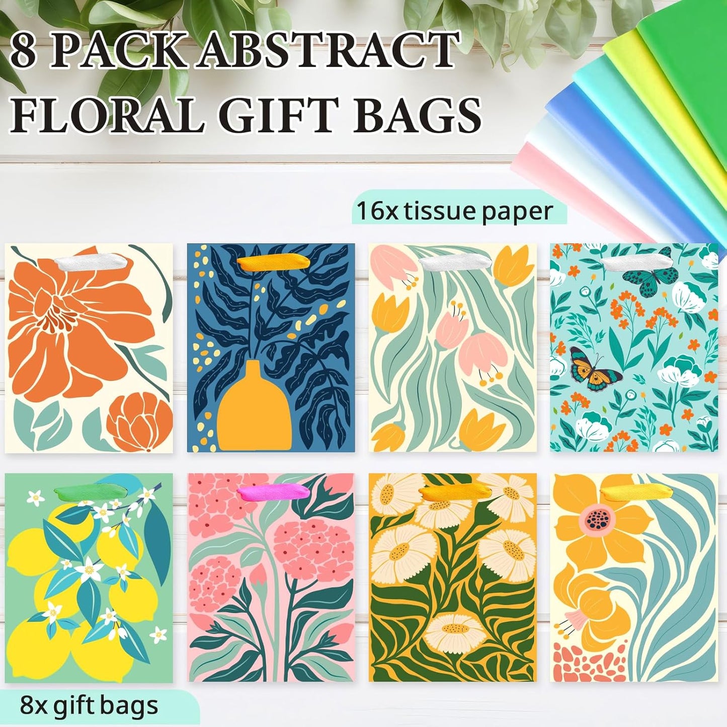 8 Pack Gift Bags with Tissue Paper Medium Size 9.8"x 7.8"x 4.7", Assorted Designs Paper Bags with Handles, Gift Bags Bulk for Birthday, Mother's Day, Easter Day, Baby Showers, Bridal Showers, Wedding Any Occasion