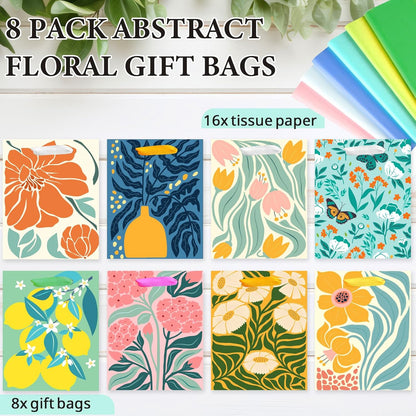 8 Pack Gift Bags with Tissue Paper Medium Size 9.8"x 7.8"x 4.7", Assorted Designs Paper Bags with Handles, Gift Bags Bulk for Birthday, Mother's Day, Easter Day, Baby Showers, Bridal Showers, Wedding Any Occasion