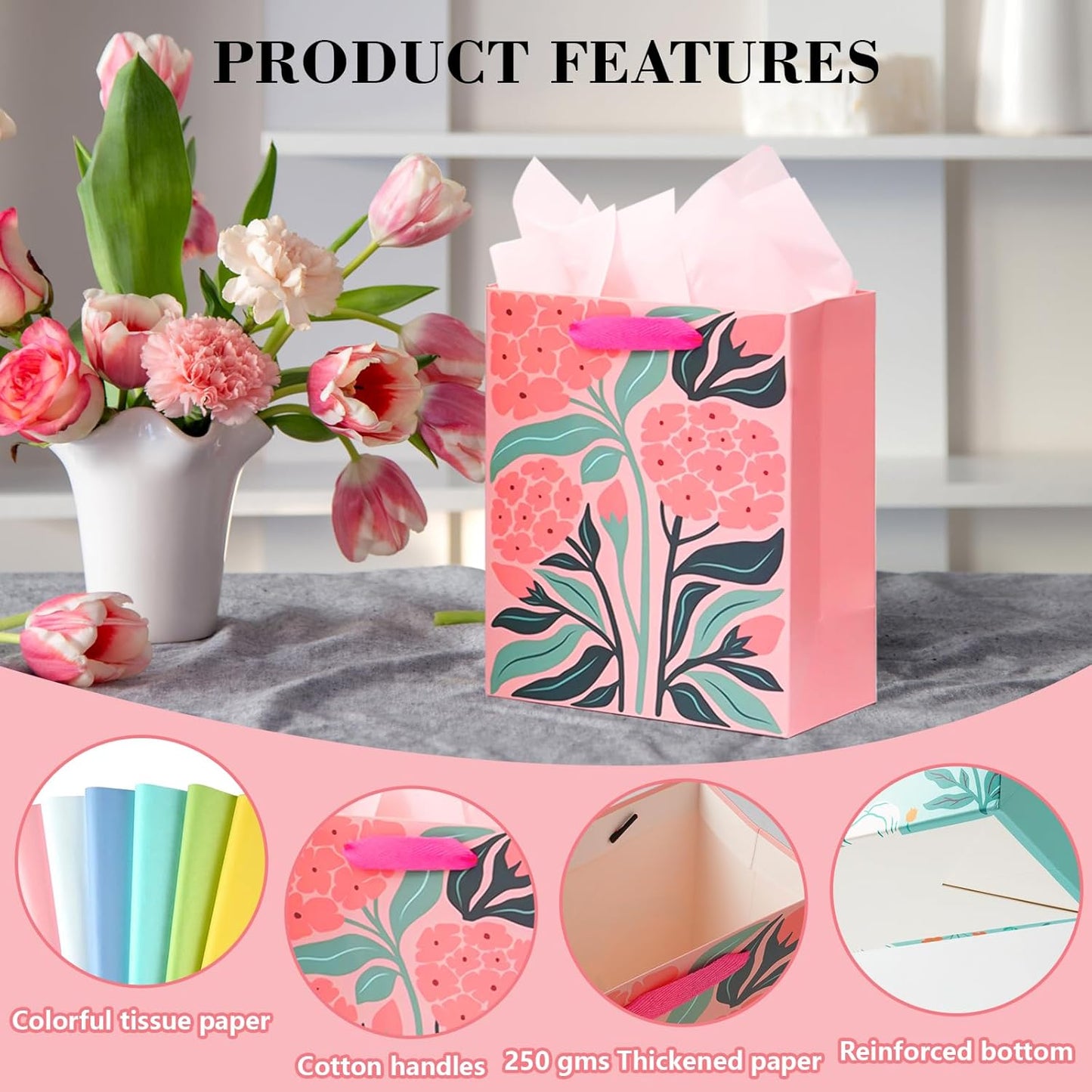 8 Pack Gift Bags with Tissue Paper Medium Size 9.8"x 7.8"x 4.7", Assorted Designs Paper Bags with Handles, Gift Bags Bulk for Birthday, Mother's Day, Easter Day, Baby Showers, Bridal Showers, Wedding Any Occasion