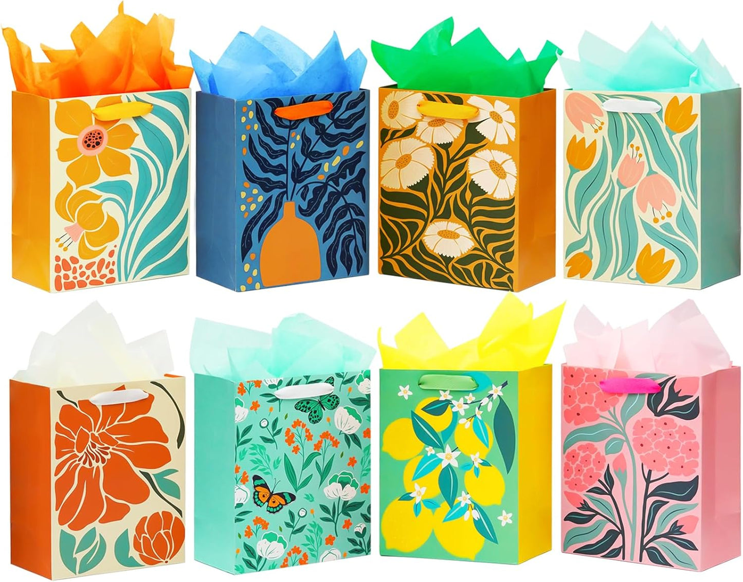 8 Pack Gift Bags with Tissue Paper Medium Size 9.8"x 7.8"x 4.7", Assorted Designs Paper Bags with Handles, Gift Bags Bulk for Birthday, Mother's Day, Easter Day, Baby Showers, Bridal Showers, Wedding Any Occasion