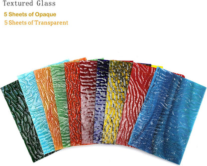 (10 Sheets) Variety Textured Stained Glass Sheets Pack, 4 x 6 inch Large Cathedral Glass Mosaic Tiles for Crafts, Mixed Opaque&Transparent