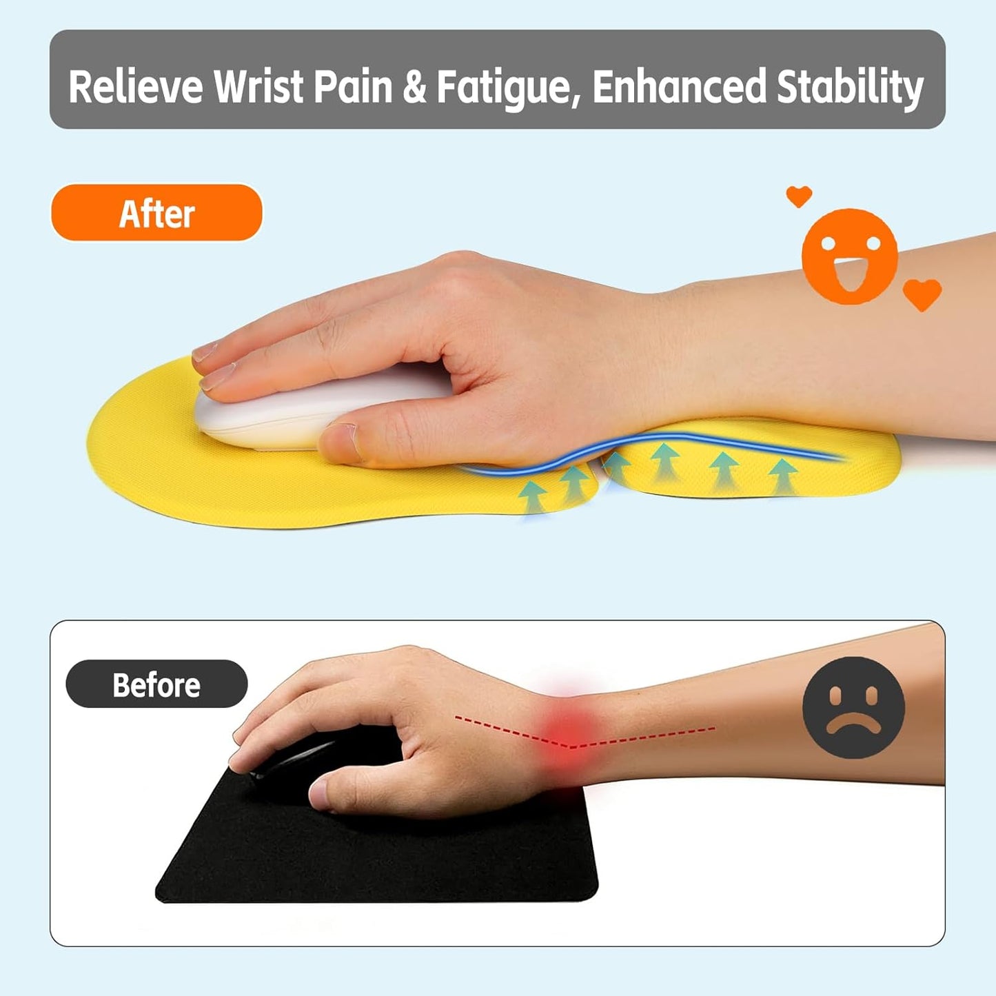 Ergonomic Mouse Pad with Wrist Support, Memory Foam Wrist Rest & Mouse Pad Set, Relieves Wrist Pressure for Comfortable Office & Gaming Use (Bright Yellow)
