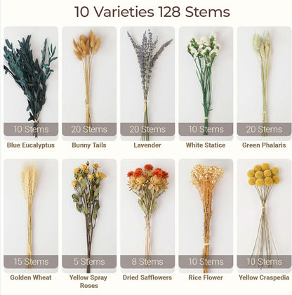 10 Kinds Vintage Dried Flowers Bouquet, 128 Stems | Vintage rustic boho, lavender eucalyptus bunny tails, 10-12 inch, for home wedding centerpiece, naturally preserved