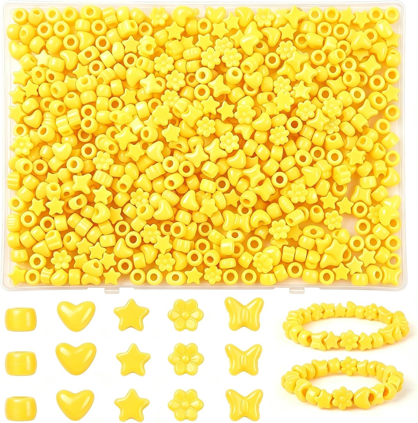 Yellow Shaped Pony Beads in Storage Box 500 Pcs | Star Heart Butterfly Flower Yellow Plastic Craft Beads , DIY Jewelry Making Supplies for Bracelet Necklace Earring Keychain