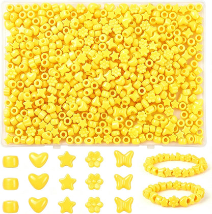 Yellow Shaped Pony Beads in Storage Box 500 Pcs | Star Heart Butterfly Flower Yellow Plastic Craft Beads , DIY Jewelry Making Supplies for Bracelet Necklace Earring Keychain