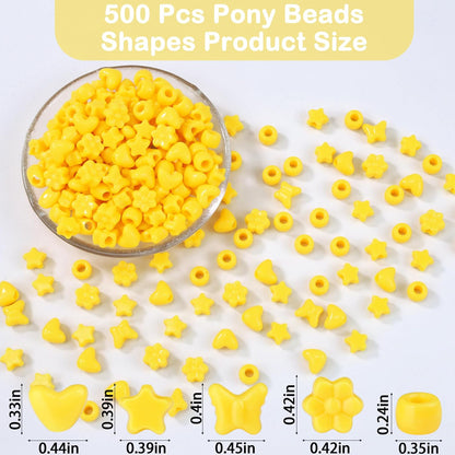 Yellow Shaped Pony Beads in Storage Box 500 Pcs | Star Heart Butterfly Flower Yellow Plastic Craft Beads , DIY Jewelry Making Supplies for Bracelet Necklace Earring Keychain