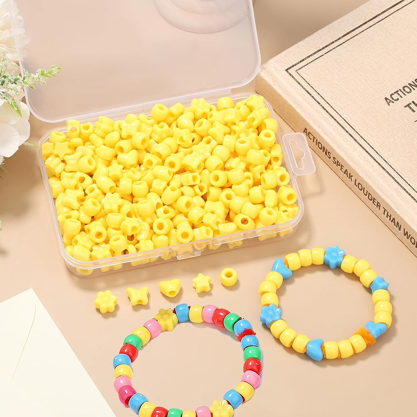 Yellow Shaped Pony Beads in Storage Box 500 Pcs | Star Heart Butterfly Flower Yellow Plastic Craft Beads , DIY Jewelry Making Supplies for Bracelet Necklace Earring Keychain