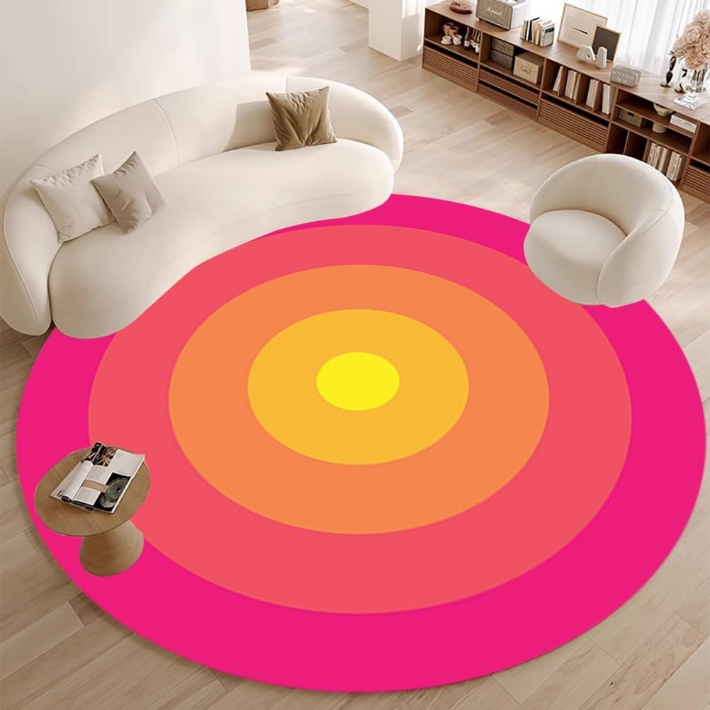 Concentric Circles Pink Orange Yellow Ombre Round Rug for Living Room Office Bedroom Dining Room Kitchen Guestroom Art Deco Mat Non Slip Lightweight Soft Comfort Foldable Washable Floor Rugs 3ft