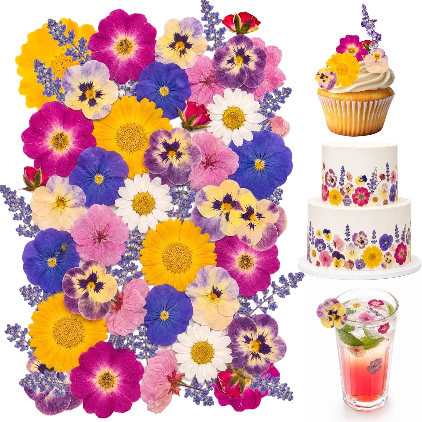 70-Piece Edible Pressed Flowers, 11-Kind Cake Topper and Cocktail Mix | Food-grade Flowers, viola, rose, lavender, sakura, calendula and daisy for cocktails, desserts, garnishes and crafts.
