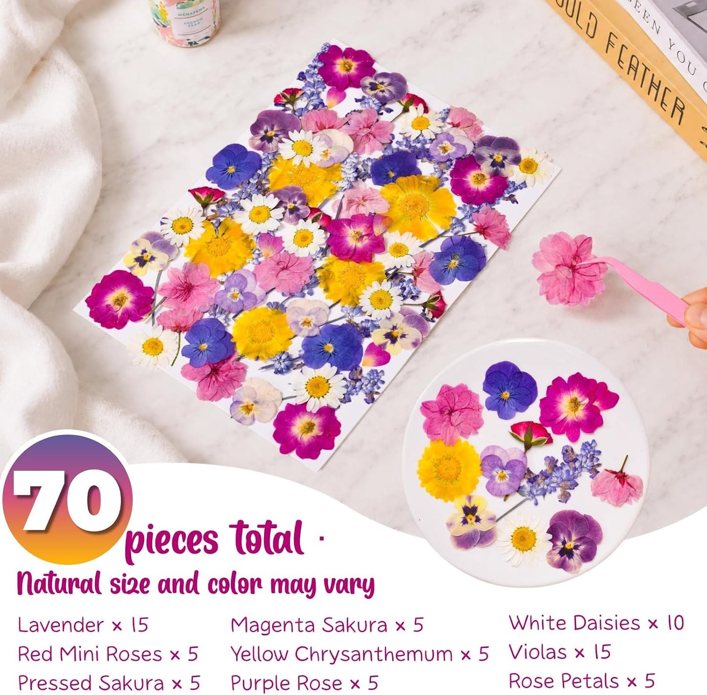 70-Piece Edible Pressed Flowers, 11-Kind Cake Topper and Cocktail Mix | Food-grade Flowers, viola, rose, lavender, sakura, calendula and daisy for cocktails, desserts, garnishes and crafts.