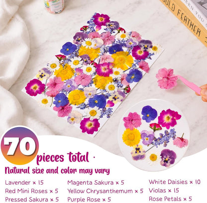 70-Piece Edible Pressed Flowers, 11-Kind Cake Topper and Cocktail Mix | Food-grade Flowers, viola, rose, lavender, sakura, calendula and daisy for cocktails, desserts, garnishes and crafts.