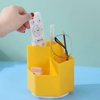 Multifunction Pen Holder, 360Degree Rotating 3 Grids Pen Holder Stand Office Supplies Storage Organize for Desk Cute Pencil Cup Pot for Home, Office and School (Yellow)